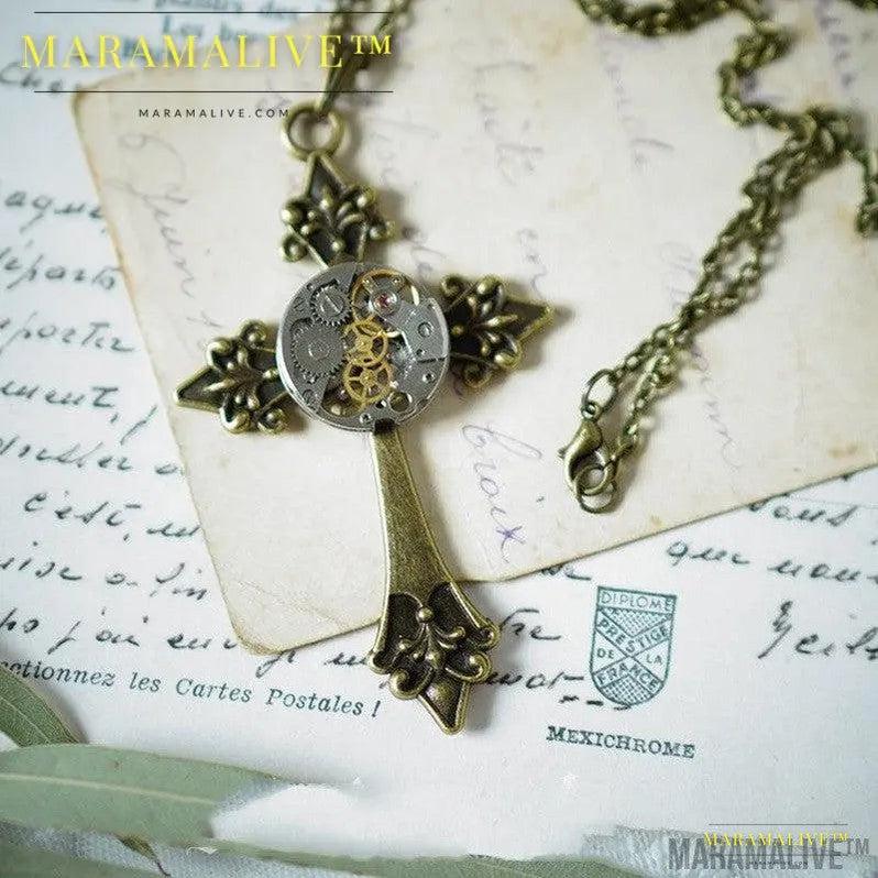 Vintage Steampunk Gear Cross Pendant Necklace