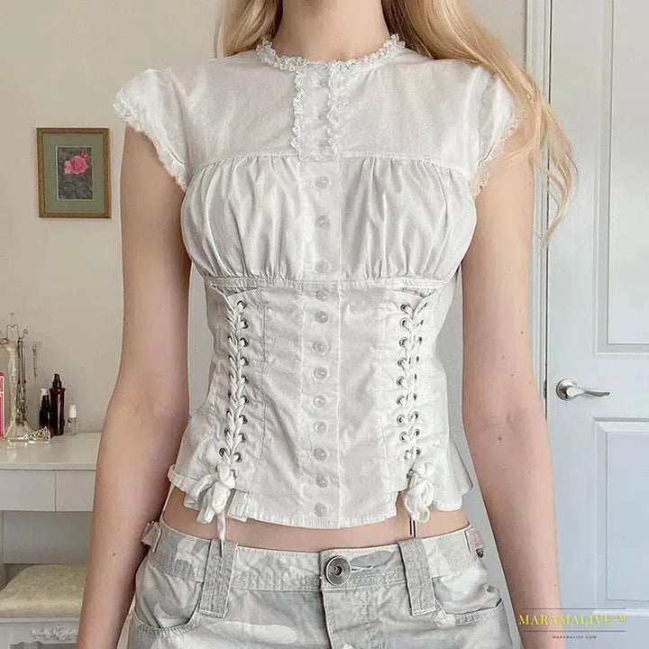 Vintage White Ruffle Trim Button Up Crop Top Tee - Goth Glam Chic Summer 90s Fashion