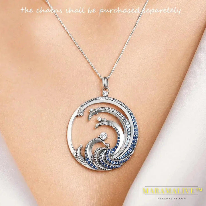 Wave With Blue Stone Pendants New Expressive Jewelry Pure 925 Sterling Silver Accessories Ocean Gift For Women