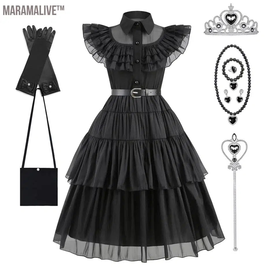 Wednesday Addams Black Dress Wednesday Cosplay Costume Outfits Kids Halloween Carnival Dancing Party Suit for Girls