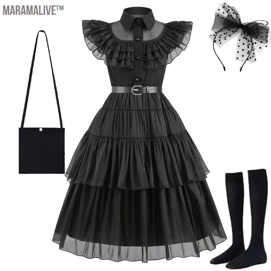 Wednesday Addams Black Dress Wednesday Cosplay Costume Outfits Kids Halloween Carnival Dancing Party Suit for Girls