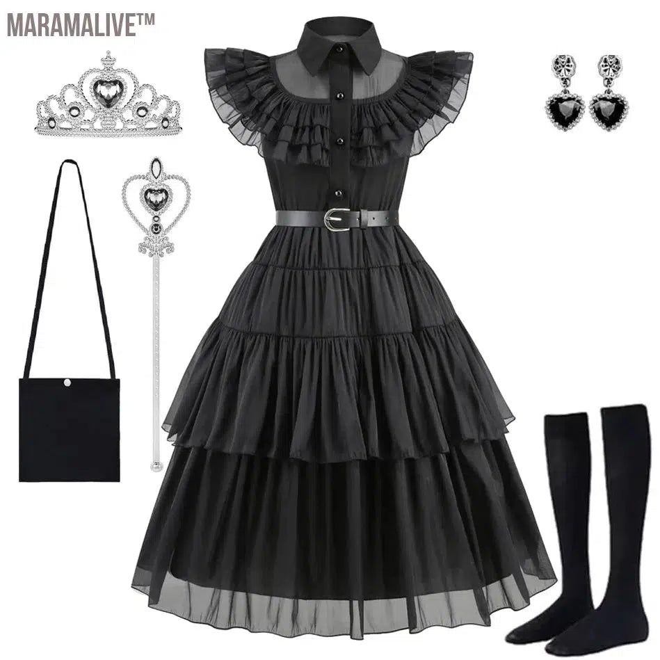 Wednesday Addams Black Dress Wednesday Cosplay Costume Outfits Kids Halloween Carnival Dancing Party Suit for Girls