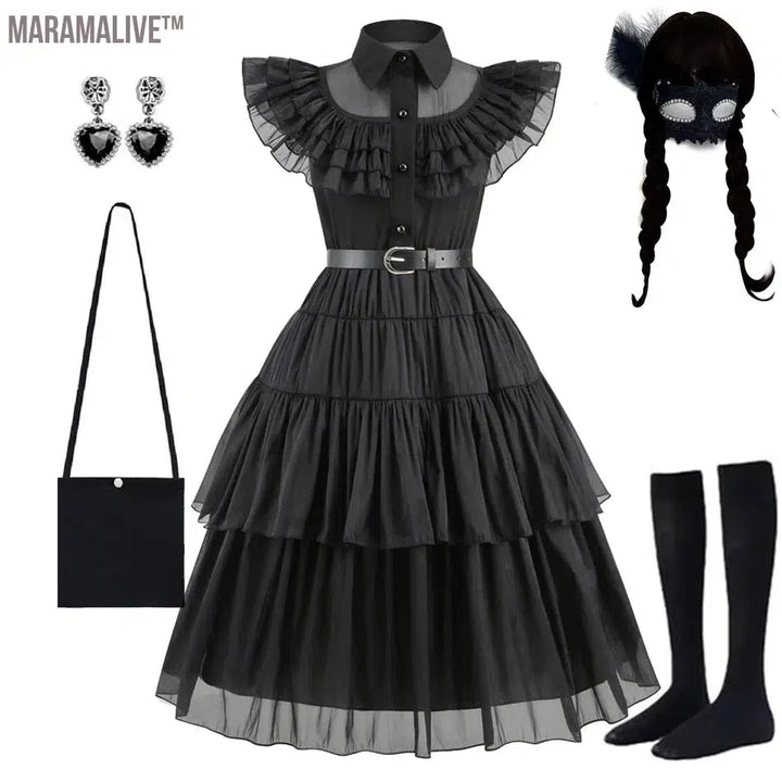 Wednesday Addams Black Dress Wednesday Cosplay Costume Outfits Kids Halloween Carnival Dancing Party Suit for Girls