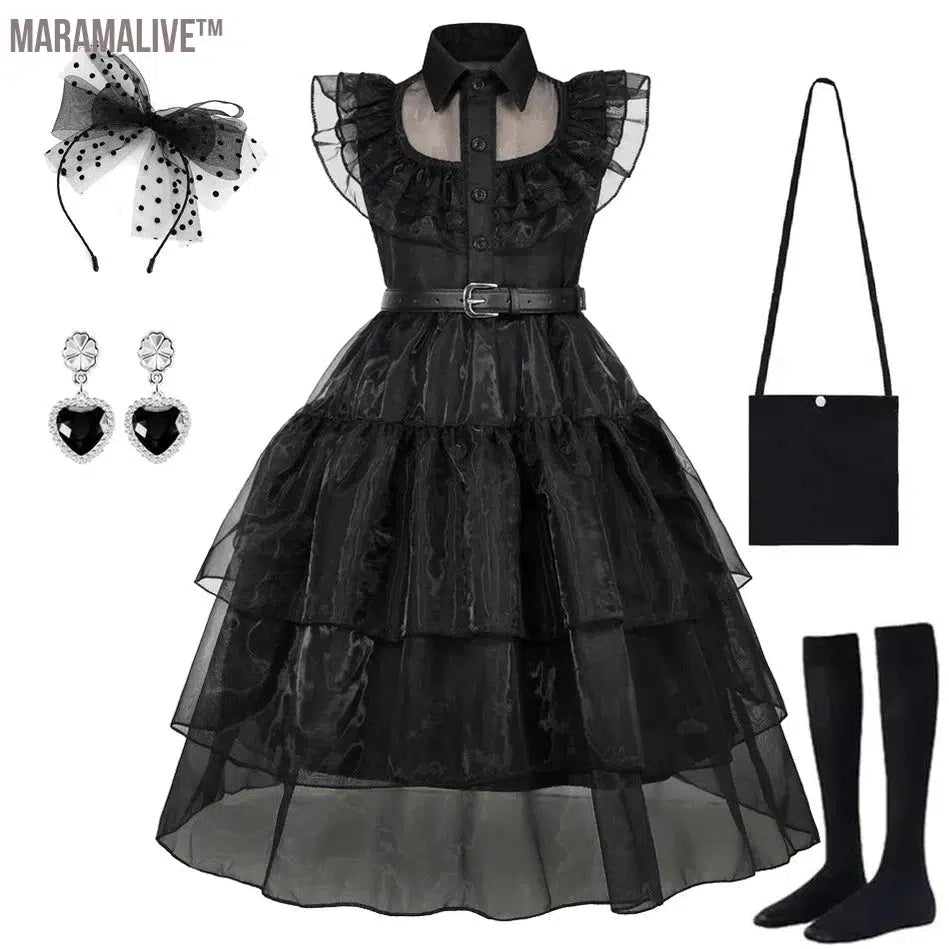 Wednesday Cosplay Black Dresses Addams Halloween Kids Dressup