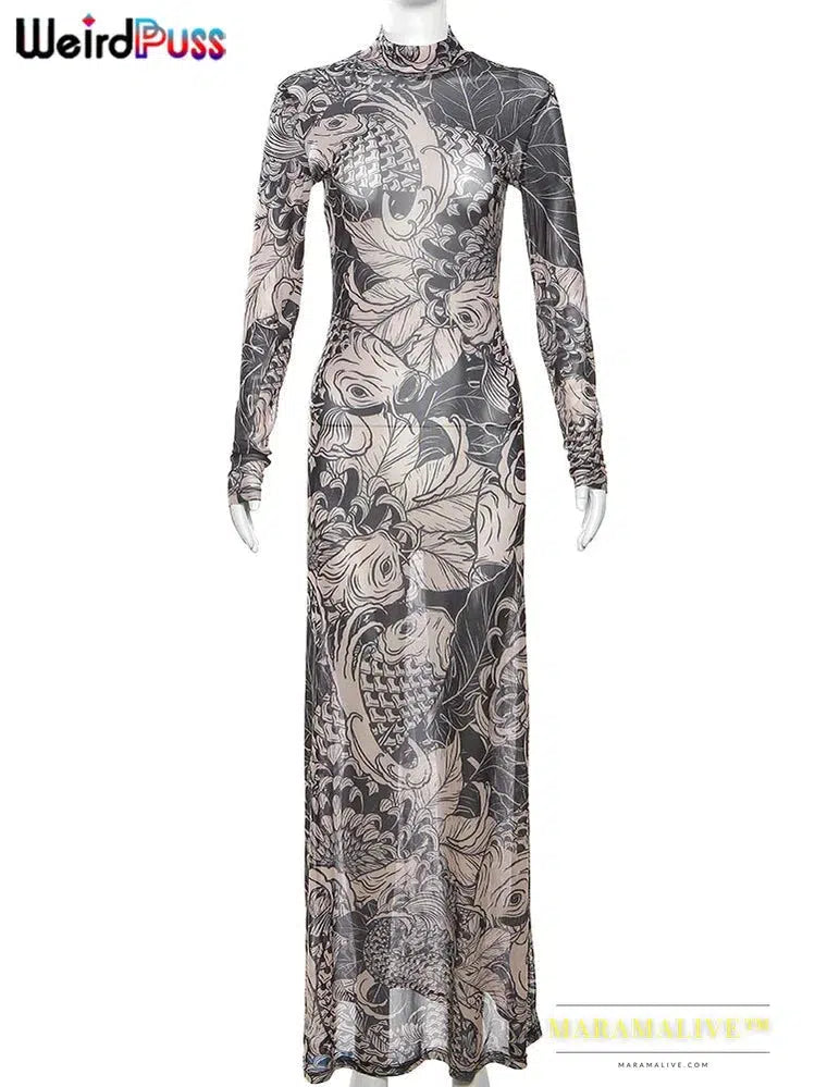 Weird Puss Mesh Print Women Maxi Dress Turtleneck Full Sleeve Bodycon Autumn Trendy Hipsters High Street Party Y2K Attirewear