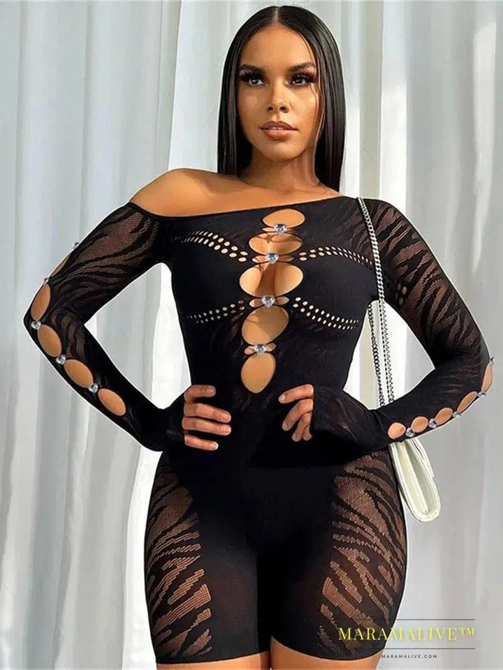 Weird Puss Skew Collar Women Bodysuit Rhinestone Irregular Hollow Body-Shaping One Pieces Coquette Hottie Midnight Partywear