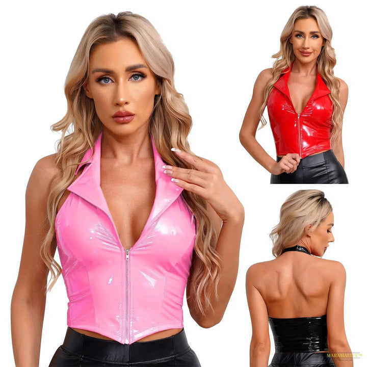 Wetlook Women Latex Leather Halter Camisole Party Glossy Leather Vest Notch Lapel Deep V Neck Zipper Slim Fit Waistcoat Clubwear