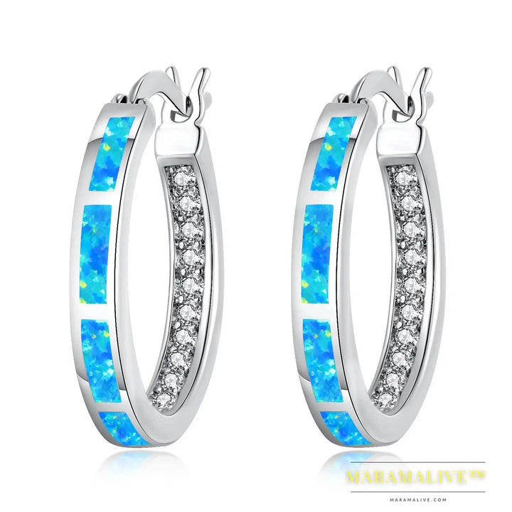 White Fire Opal Hoop Earrings With Stone Silver Plated Small Round Circle Chic Summer Punk Jewelry Best Gifts for Woman