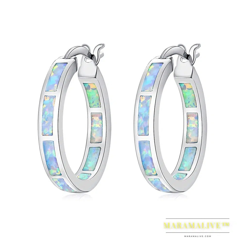 White Fire Opal Hoop Earrings With Stone Silver Plated Small Round Circle Chic Summer Punk Jewelry Best Gifts for Woman