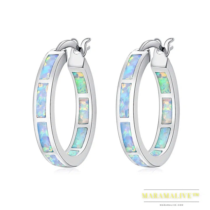 White Fire Opal Hoop Earrings With Stone Silver Plated Small Round Circle Chic Summer Punk Jewelry Best Gifts for Woman