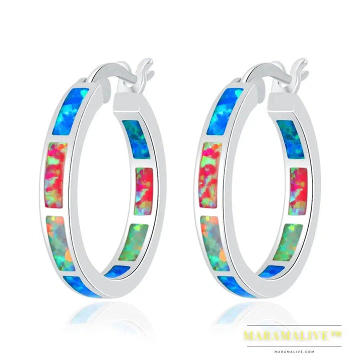 White Fire Opal Hoop Earrings With Stone Silver Plated Small Round Circle Chic Summer Punk Jewelry Best Gifts for Woman