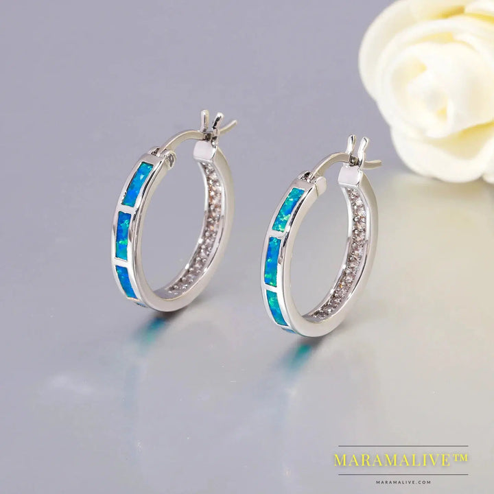 White Fire Opal Hoop Earrings With Stone Silver Plated Small Round Circle Chic Summer Punk Jewelry Best Gifts for Woman