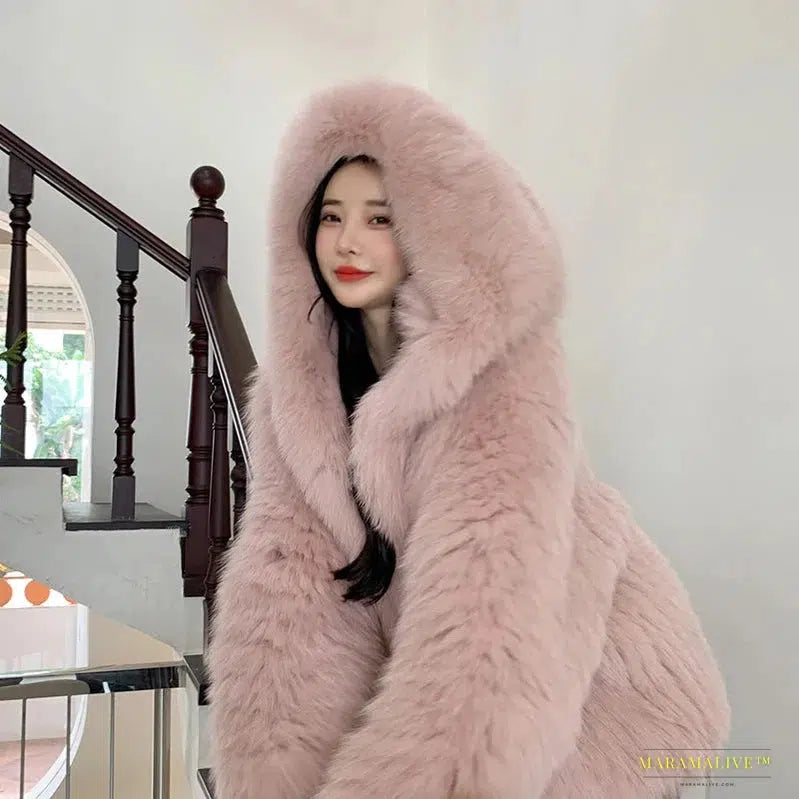 White Fox Fur Coats Women Winter Fashion Warm Faux Fur Coats Hooded Long Sleeves Sweet Lady Design