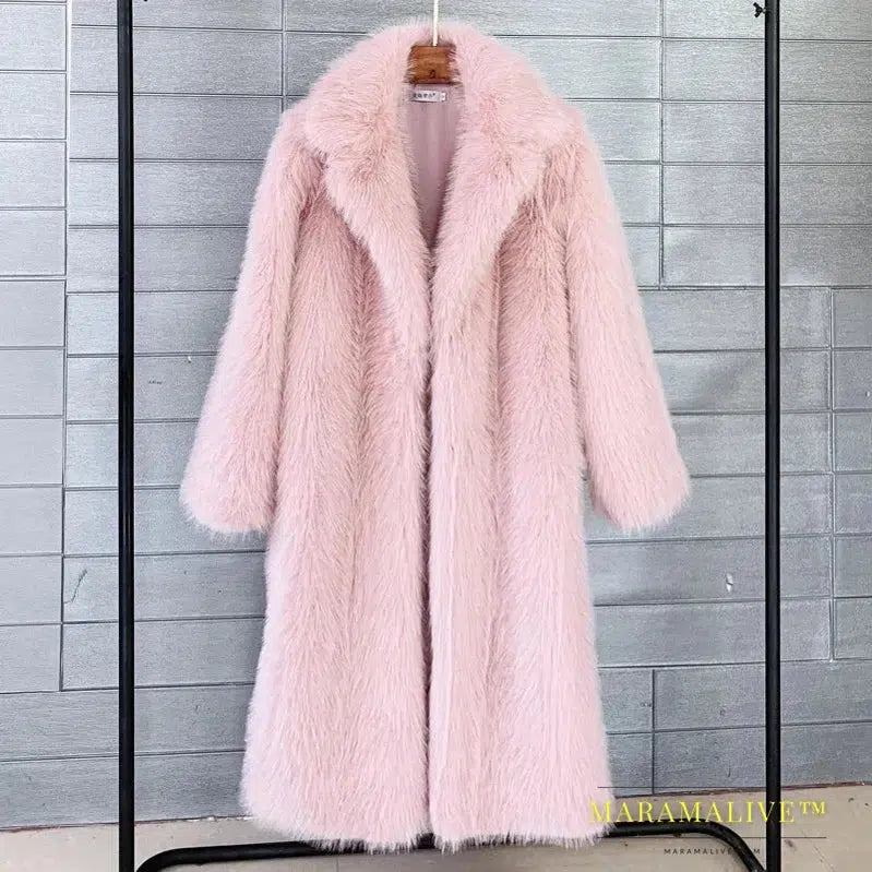 White Long Faux Fur Coat Women Autumn Winter Large Jacket Overcoat Turn Down Collar Pockets Thick Coat Warm Jackets Maxi Coats