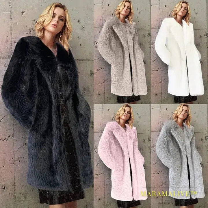 White Long Faux Fur Coat Women Autumn Winter Large Jacket Overcoat Turn Down Collar Pockets Thick Coat Warm Jackets Maxi Coats