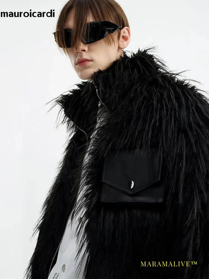 Winter Cool Handsome Black Thick Warm Soft Patchwork Faux Fur Coat Men Luxury Designer Clothing Fluffy Jacket 2023