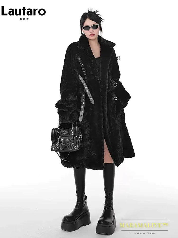 Winter Cool Long Loose Casual Soft Thick Warm Black Fuzzy Faux Fur Coat Women Stand Collar Punk Style Fluffy Jacket 2023