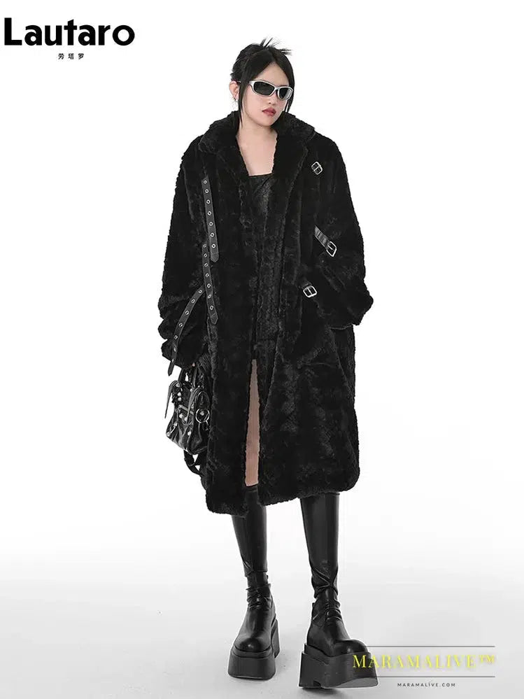 Winter Cool Long Loose Casual Soft Thick Warm Black Fuzzy Faux Fur Coat Women Stand Collar Punk Style Fluffy Jacket 2023