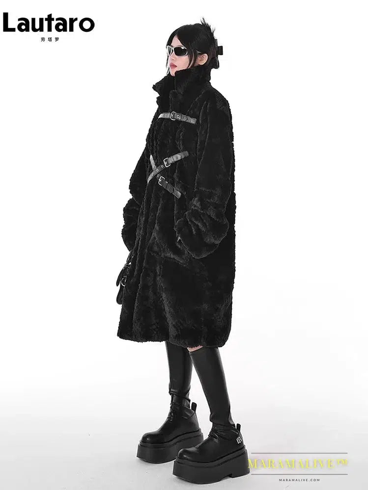 Winter Cool Long Loose Casual Soft Thick Warm Black Fuzzy Faux Fur Coat Women Stand Collar Punk Style Fluffy Jacket 2023