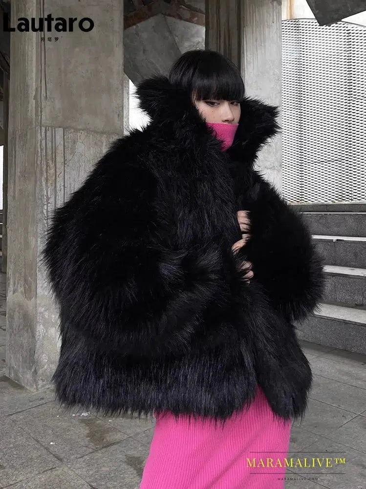 Winter Cool Oversized Casual Soft Thick Warm Black Hairy Shaggy Faux Fur Coat Women Turn-down Collar Fluffy Jacket 2023