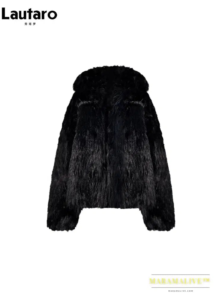 Winter Cool Oversized Casual Soft Thick Warm Black Hairy Shaggy Faux Fur Coat Women Turn-down Collar Fluffy Jacket 2023