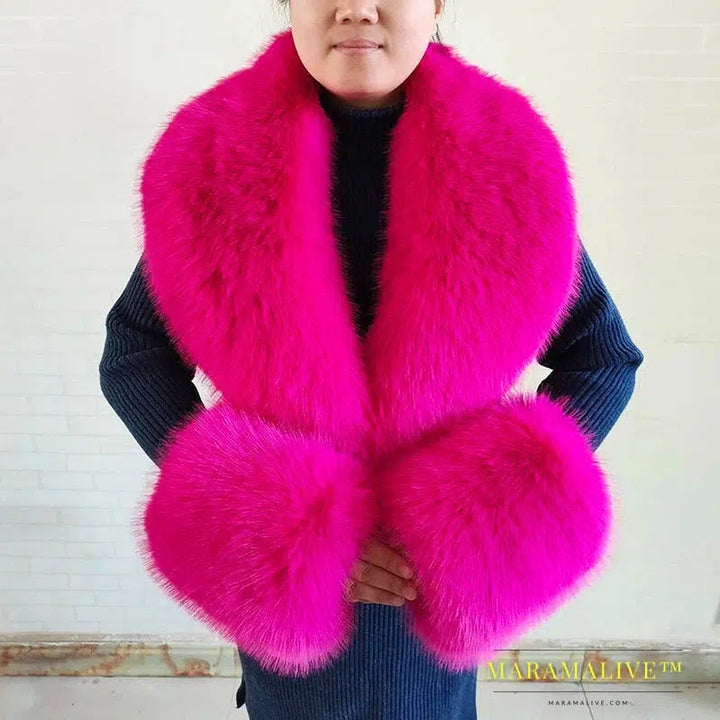 Winter Faux Fur Collar Cuffs Set Women Fluffy Large Shawl Coat Accessories Warm Fashion Fake Fox Fur Scarf Furry Scarves Female