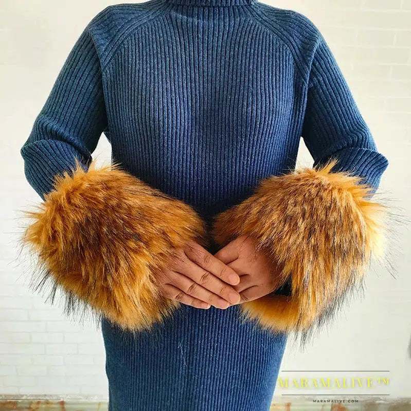 Winter Faux Fur Collar Cuffs Set Women Fluffy Large Shawl Coat Accessories Warm Fashion Fake Fox Fur Scarf Furry Scarves Female