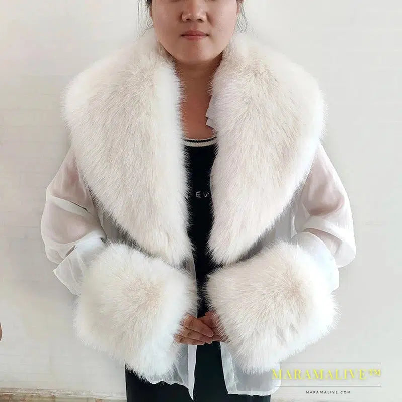 Winter Faux Fur Collar Cuffs Set Women Fluffy Large Shawl Coat Accessories Warm Fashion Fake Fox Fur Scarf Furry Scarves Female