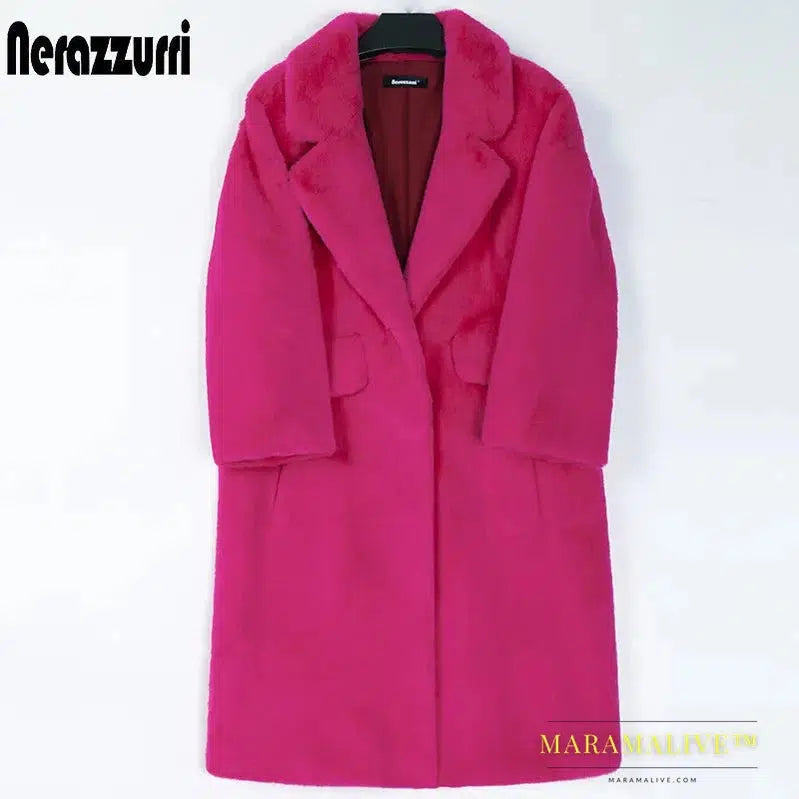 Winter Long Hot Pink Faux Fur Coat Women Lapel Warm Thick Black Soft Fluffy Jacket Loose Stylish Fashion 2022