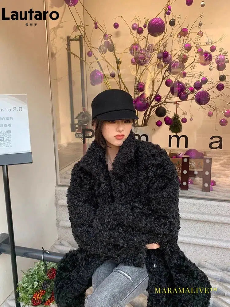 Winter Long Loose Casual Soft Thick Warm Fluffy Black Faux Fur Coat Women Stand Collar Hairy Furry Fuzzy Overcoat 2023