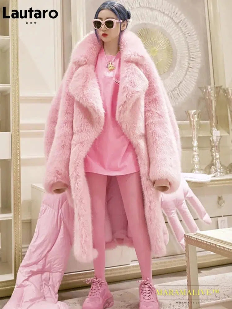 Winter Long Oversized Pink Thick Warm Soft Shaggy Fluffy Faux Fur Coat Women Pockets Lapel Loose Sweet Cute Fashion 2022