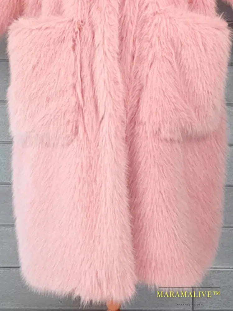 Winter Long Oversized Pink Thick Warm Soft Shaggy Fluffy Faux Fur Coat Women Pockets Lapel Loose Sweet Cute Fashion 2022