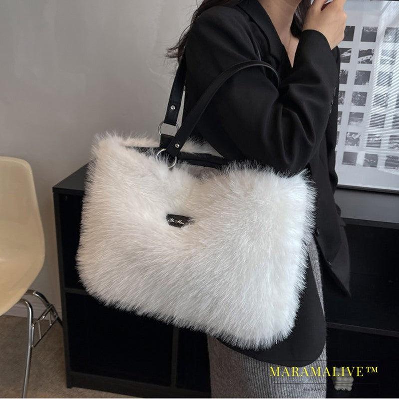 Winter Plush Bags Women Flowers Shoulder Bag Handbag