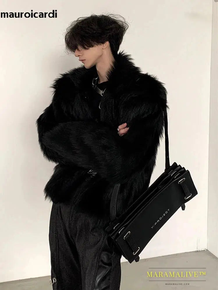 Winter Short Cool Thick Warm Soft Black Hairy Faux Fox Fur Coat Men Long Sleeve Luxury Designer Fluffy Jacket 2023