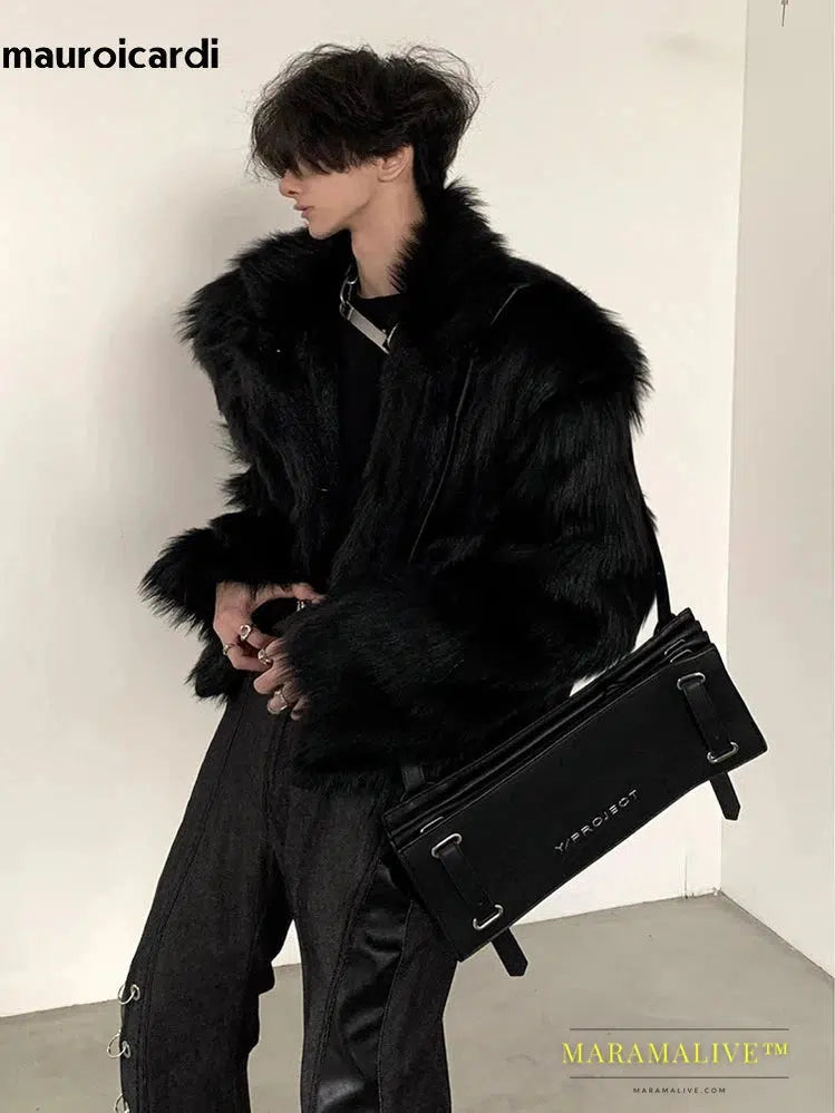 Winter Short Cool Thick Warm Soft Black Hairy Faux Fox Fur Coat Men Long Sleeve Luxury Designer Fluffy Jacket 2023