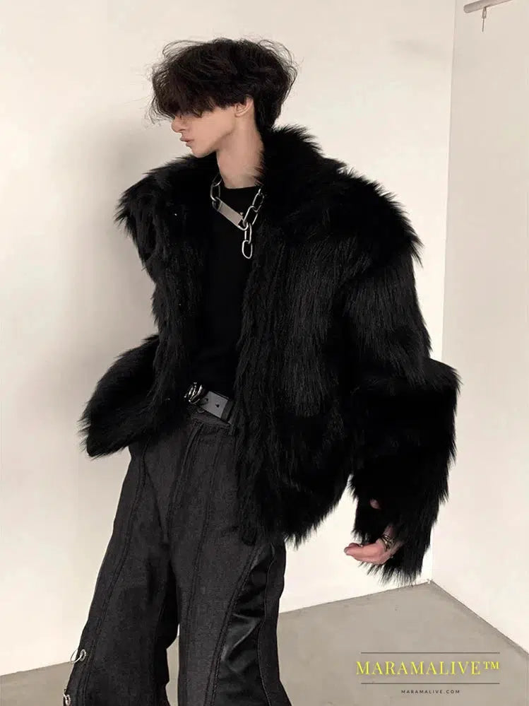 Winter Short Cool Thick Warm Soft Black Hairy Faux Fox Fur Coat Men Long Sleeve Luxury Designer Fluffy Jacket 2023