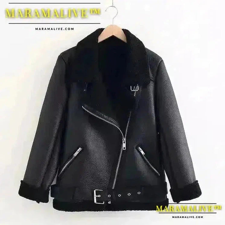 Winter Women Thick PU Leather Warm Suede Lamb Jacket Motorcycle Coats Faux Shearling Biker Sheepskin Leather Jackets Outwear