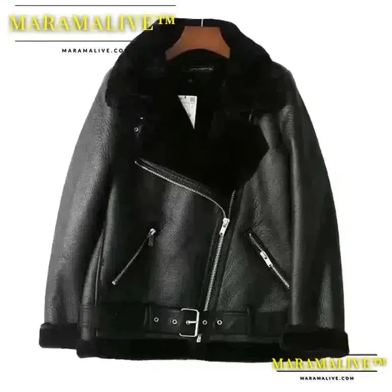 Winter Women Thick PU Leather Warm Suede Lamb Jacket Motorcycle Coats Faux Shearling Biker Sheepskin Leather Jackets Outwear