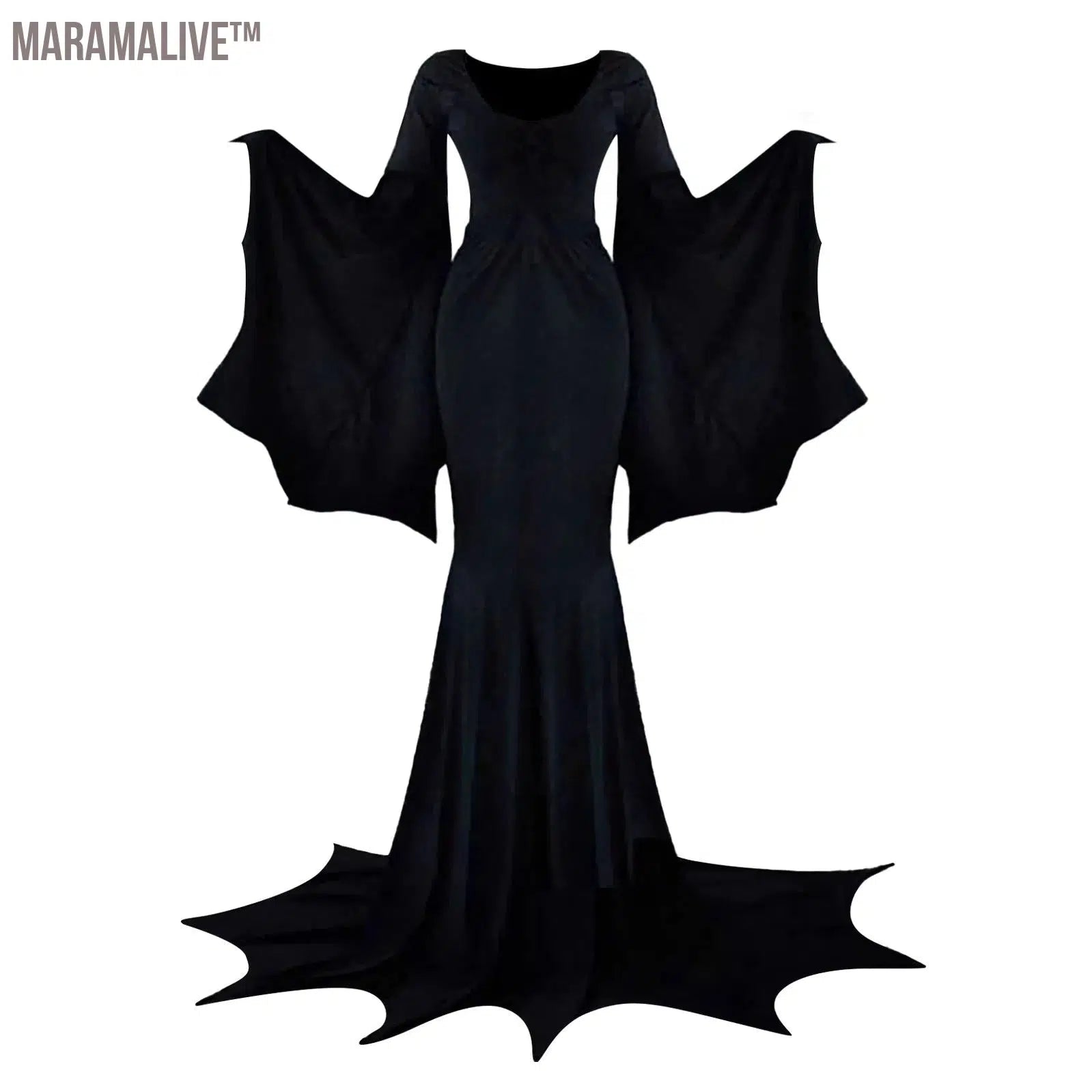 Witchy Costume Morticia Addams Wednesday Train Floor Dress Women Halloween Witch Dark Outfit Gothic Gown Robe Horror For Adult