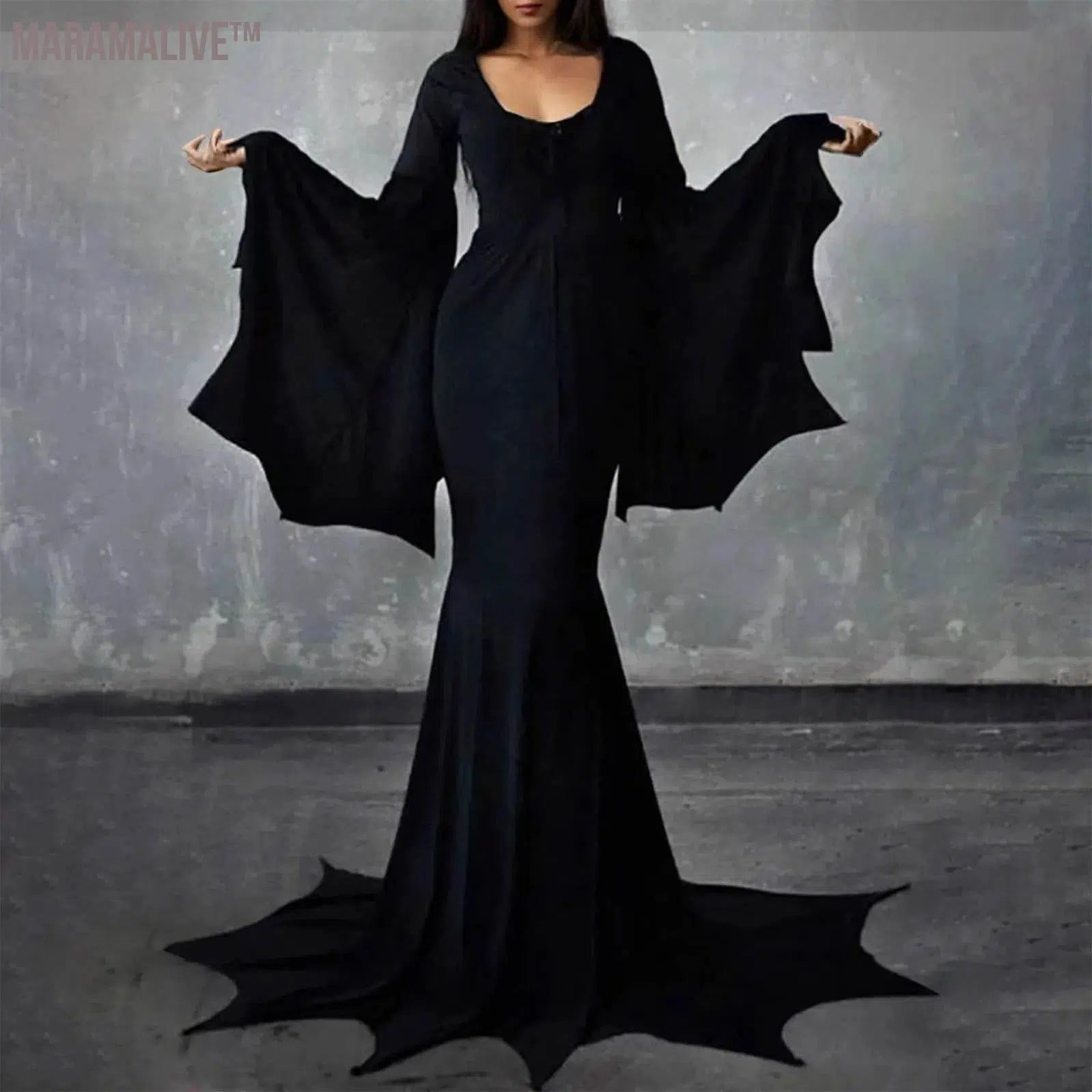 Witchy Costume Morticia Addams Wednesday Train Floor Dress Women Halloween Witch Dark Outfit Gothic Gown Robe Horror For Adult