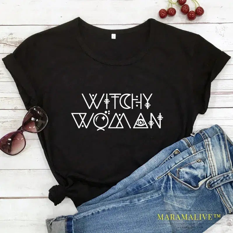 Witchy Woman Spellcaster T-shirt Funny Basic Witch Graphic Tee Shirt Top Trendy Halloween Witch Party Gift Tshirt