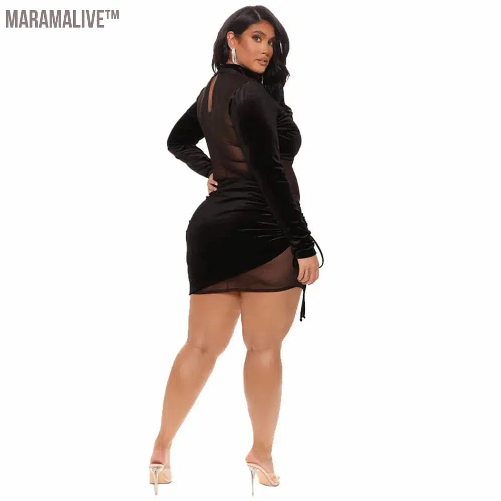 Wmstar Plus Size Dresses for Women Mesh Black Sexy Patchwork Long Sleeve Mini Dress Hot Sale Club outfits Wholesale Dropshipping