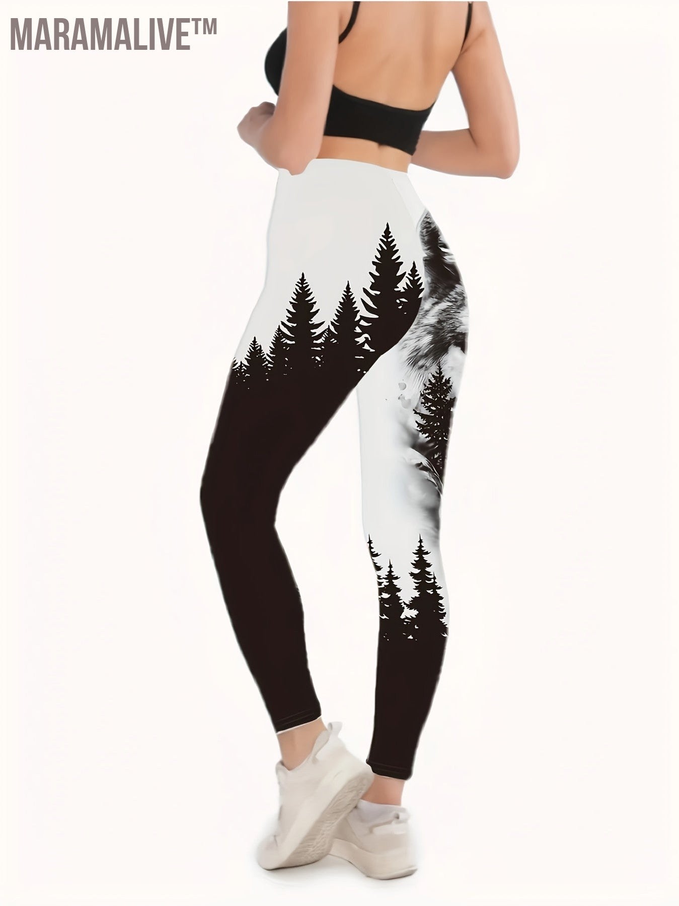 Wolf & Forest Print Skinny Leggings, Casual Elastic Waist Stretchy Leggings, Women's Clothing