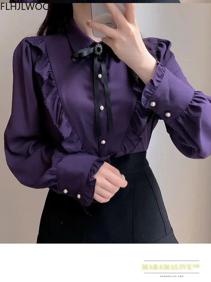 Woman Cute Sweet Girls Thin Semi Transparent Ribbon Bow Tie Retro Vintage Top Blusas Purple Green White Button Shirts