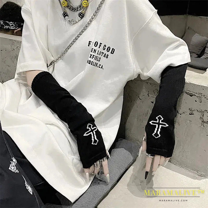 Women Armwarmers Y2k Punk Goth Alt Emo Scene Black Cross Pattern Fingerless Arm Sleeve Gyaru Harajuku Egirl Knit Long Gloves