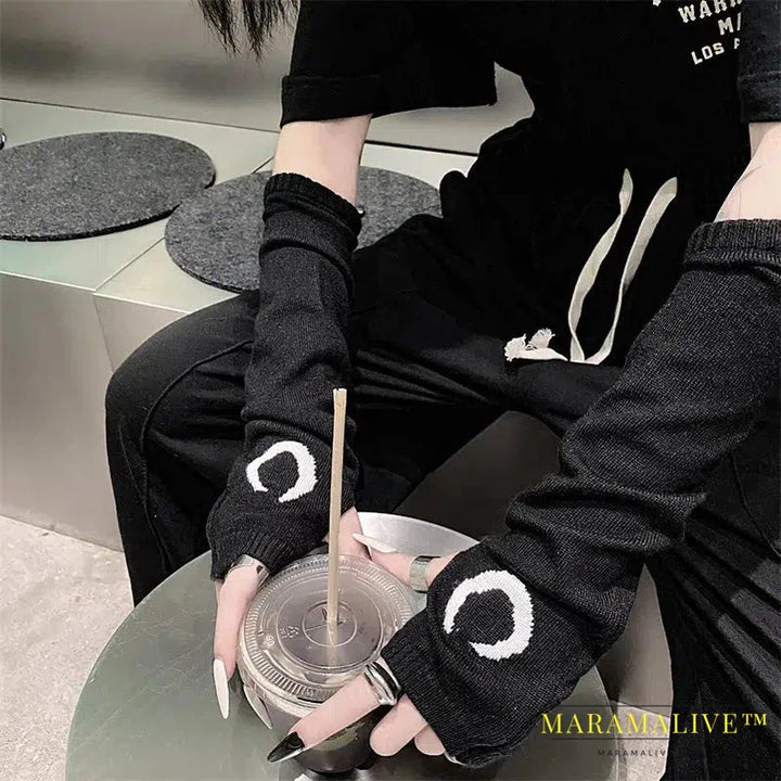 Women Armwarmers Y2k Punk Goth Alt Emo Scene Black Cross Pattern Fingerless Arm Sleeve Gyaru Harajuku Egirl Knit Long Gloves