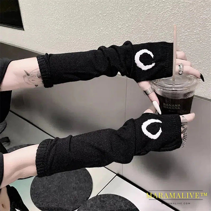 Women Armwarmers Y2k Punk Goth Alt Emo Scene Black Cross Pattern Fingerless Arm Sleeve Gyaru Harajuku Egirl Knit Long Gloves