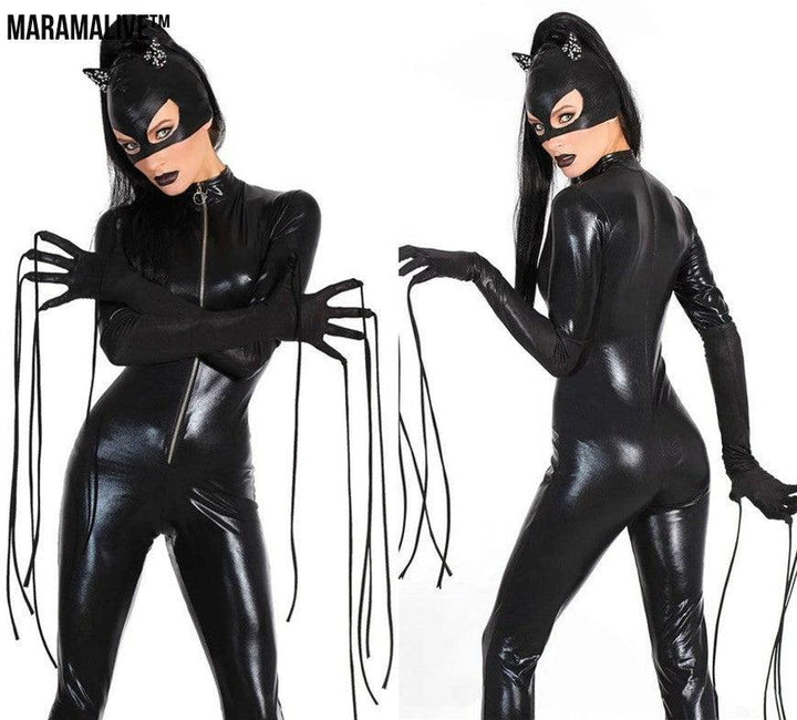 Women Black Patent Leather Catgirl Bodysuit