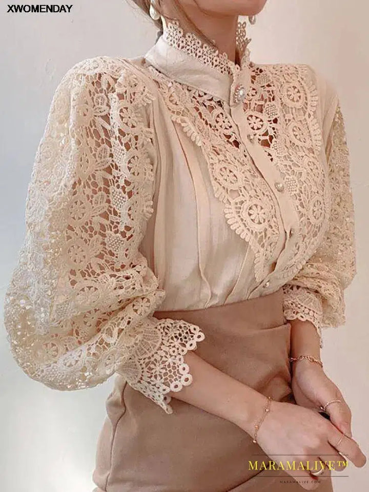 Women Chiffon Button Turtleneck Shirt Chic Elegant Floral Lace Fluffy Long Sleeve Top Fashion Hollow Oversize White Blouse 2024