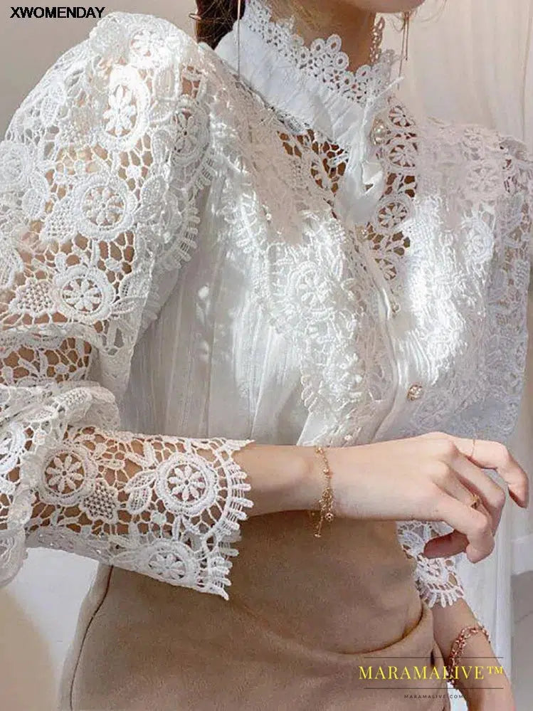 Women Chiffon Button Turtleneck Shirt Chic Elegant Floral Lace Fluffy Long Sleeve Top Fashion Hollow Oversize White Blouse 2024